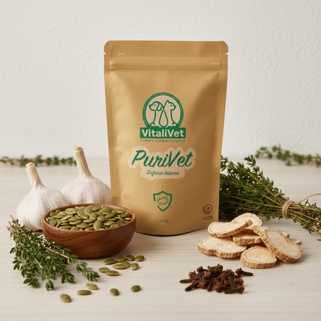 PuriVet défense interne chien & chat - Vermifuge naturel avec ail, pépins de courge, thym et plantes antiparasitaires bio pour éliminer parasites intestinaux de vos animaux de compagnie