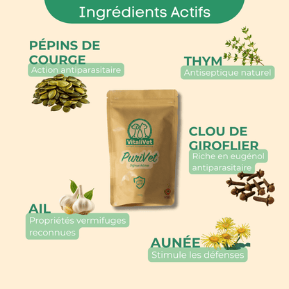 PuriVet défense interne chien et chat - Vermifuge naturel avec ail, pépins de courge, thym et plantes antiparasitaires pour protéger vos animaux de compagnie des parasites intestinaux 