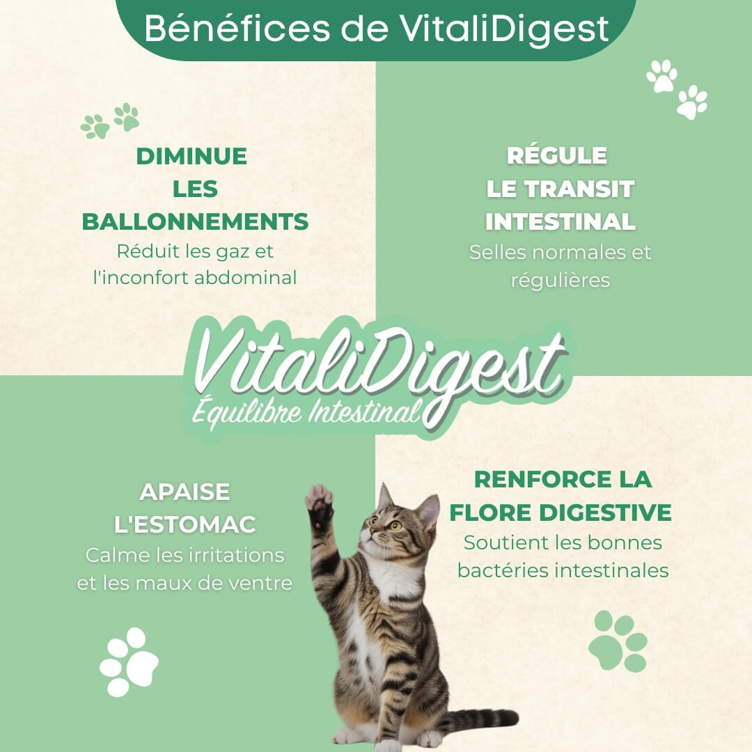 Bénéfices VitaliDigest - Régule le transit intestinal du chat, diminue les ballonnements, apaise l'estomac et renforce la flore digestive